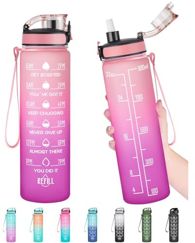 Enerbone Bouteille d'eau anti-fuite sans BPA et non toxique, bouteille d'eau de motivation avec temps de boire et paille, bouteille d'eau avec sangle pour bureau, gym, sports de plein air