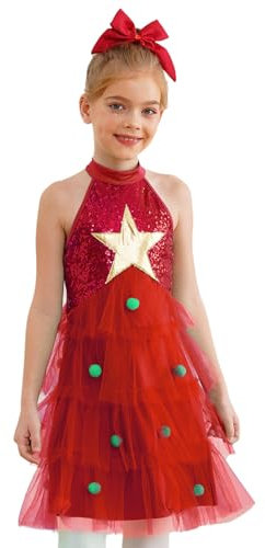Runhomal Vestito di Natale da bambina per bambini, costume da folletto Elfo, set costume da albero di Natale, performance 5-16 anni, rosso 11-12 anni