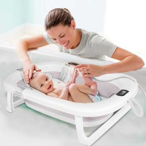 Grand Baignoire Pliable Bébé avec Thermomètre à eau, Coussin, Rince Tete Bebe, Baignoire Bebe, baignoire bebe pliable pour les bébés de 0 à 6 ans-80 * 50 * 23-gris