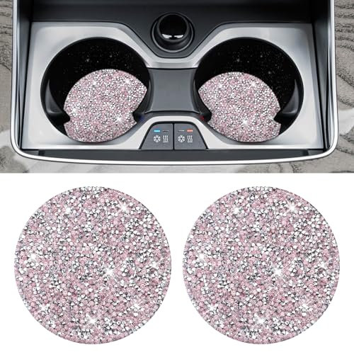 AOZUO Car Cup Coaster, 2pcs Bling Cup Holders Crystal Rhinestone Anti-Slip Shockproof Vehicle Holders Coasters Drink Car Cup Mat Universal Insert Automotive Interior Accessories for Women(Pink)