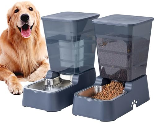 Dispensador automático de comida para perros y agua para perros, 5 L, dispensador de comida para gatos y gatos para perros medianos y grandes, gatos y otros animales (juego de 5 L, gris oscuro)