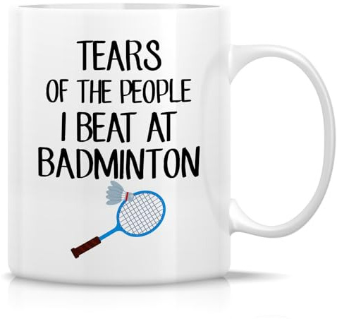 HSIRYAOHD Lustige Badmintonspieler-Tasse – Tears of the People I Beat at Badminton – 325 ml Keramik-Kaffeetasse – Humorvolles Geschenk für Badminton-Liebhaber, Badminton-Fans – Geburtstag, für Männer