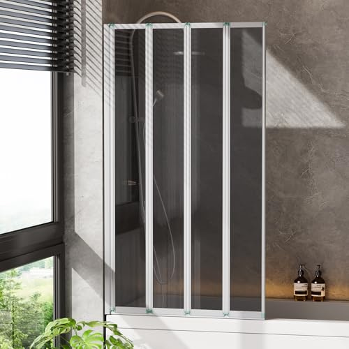 INMOZATA Shower Screen, 4 Panel Folding Bath Shower Screen, Over Bath Shower Screens Tempered Grey Glass Panel Shower Screens（800 * 1400mm，Metallic Silver & grey）