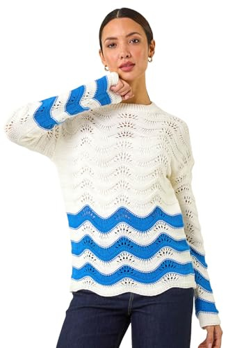 Roman Originals Chevy Pointelle Knit Jumper for Women UK - Ladies Everyday Autumn Winter Round Neckline Comfy Soft Evening Vacation Work Party Night Out - Ivory - Size 12