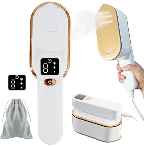 SPOKKI Travel Clothes Steamer Portable Iron, LCD Screen 2 in 1 Travel Steamer for Clothes Wrinkles Remover, 10S Fast Heat-up, 150ML Water Tank, 3 Steam Levels for Travel, Home, Office (White)