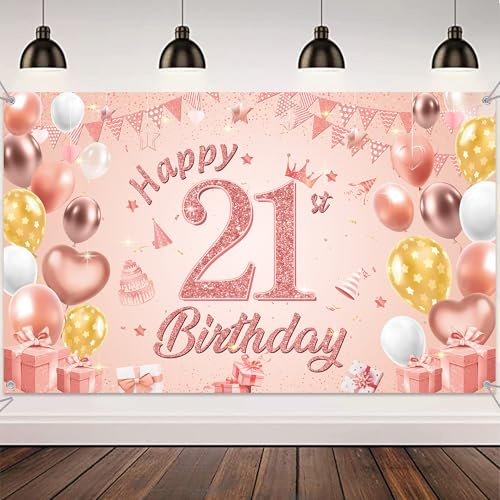 21st Birthday Party Decoration Banner - Rose Gold Decorations Backdrop for Her, Happy Birthday Background for 21 Years Old Party Supplies(180X110cm)