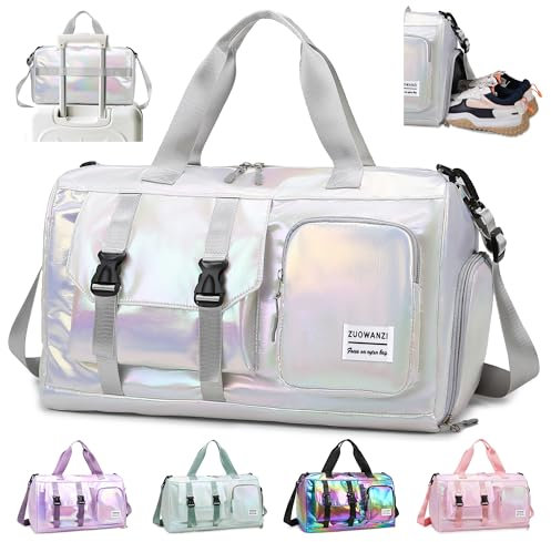 Hoseay Sac de Sport Femme Imperméable Sac de Voyage avec Compartiment Chaussure y Poche Humide Sacs Weekend Leger Sacs Piscine Grande Capacité Gym Duffle Bag 24L pour Natation Yoga Gymnastique, Blanc