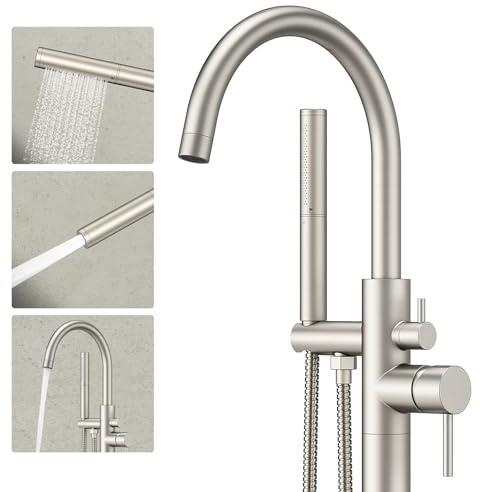 Freistehender Badewannenarmatur, gebürstetes Nickel, Bodenmontage, freistehende Metall-Badewanne, Schwanenhals-Auslauf mit 2 Funktionen, Handbrause