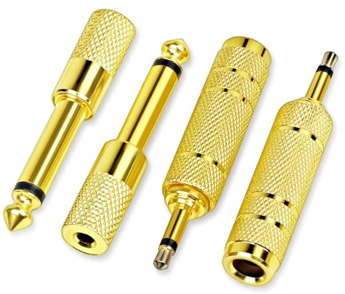 jindaaudio Set di 4 adattatori per cuffie (placcato oro), 1/8 (3,5 mm) e 1/4 (6,35 mm) adattatore mono (TS), convertitore jack audio per chitarra, amplificatore, studio, perdita di segnale zero