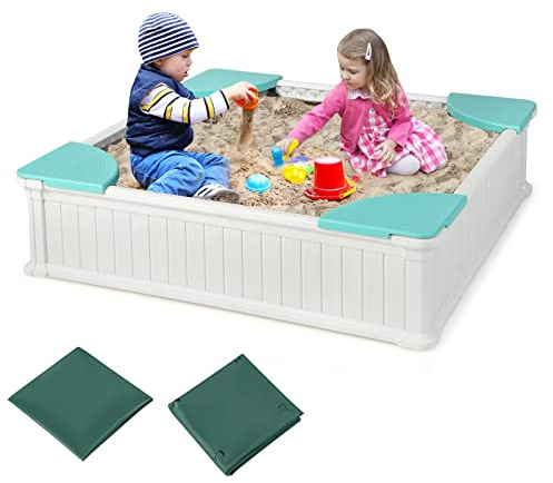 COSTWAY Sabbiera per Bambini, Sabbiera da Cortile con 4 Sedute Angolari e Copertura in Oxford, per Cortile Spiaggia Prato, 123,5 x 123,5 x 31,5 cm (Verde+Bianco)