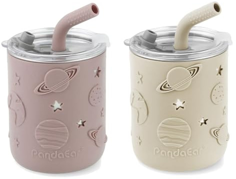 PandaEar 2 Pack Sippy Cup Stainless Steel – Baby Cup, Non Spill Toddler Cup with Straw, Baby Straw Cup & Weaning Cup for Toddlers, Spill Proof Drinking Cup (260ml)