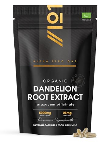 Organic Dandelion Root Extract 5000mg – Standardised 5% Flavones – 90 Vegan Capsules – Resealable and Recyclable Pouch – By Alpha01