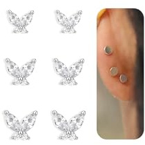 3 Paar 925 Silber Pfosten CZ Ohrringe Stecker Ohrstecker Ohr Piercing Set | 16K Gold Plattiert Medizinische Flachrücken Ohrringe für Damen, Schmetterling Tragus Piercing Schmuck