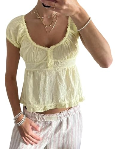 Yassiglia Women Y2k Babydoll Top Summer Short Puff Sleeve Low Cut T-Shirt Solide Color Plaid Print Blouse Tops Cute Baby Tee for Teen Girls