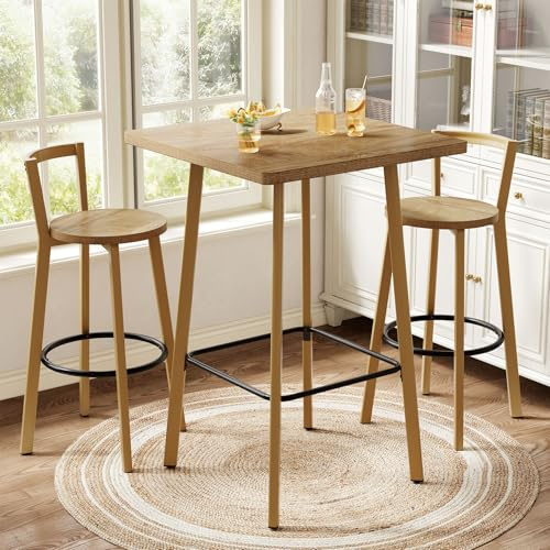 Tribesigns Bartisch mit Barhocker Set, Stehtisch mit 2 runder Stühlen, 100 cm hoch quadratischer Bistisch mit Fußablage, kleine Essgruppe für Küche, Café, Wohnzimmer, Rustikaler braun