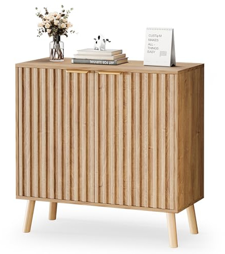 Pamapic Sideboard, Küchenschrank mit 2 Geriffelte Türen, Aufbewahrungsschrank mit Verstellbarer Ablage, Buffetschrank, Kommode Schrank für Küche, Esszimmer, Wohnzimmer, 35 x 77 x 78 cm, Oak
