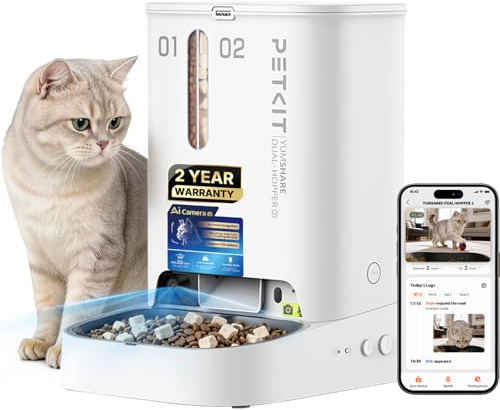 PETKIT Automatic Cat Dog Feeder with Camera, AI-Powered Motion Capturing, 1080P HD Video with Night Vision, 2.4G WiFi Pet Feeder with 2-Way Audio, Dual Hopper Pet Food Dispenser with Desiccant