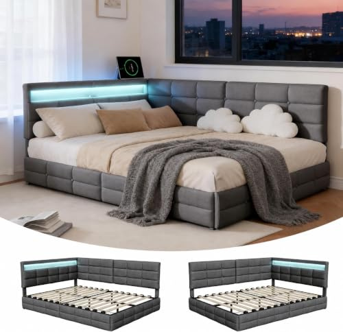 BRILVERDE Polsterbett 140x200 mit Schubladen, mit LED/USB, L-förmigem Kopfteil und Lattenrost, Bettgestell, Eckbett für Schlafzimmer, Jugendzimmer und Gästezimmer, Leinenstoff, Grau