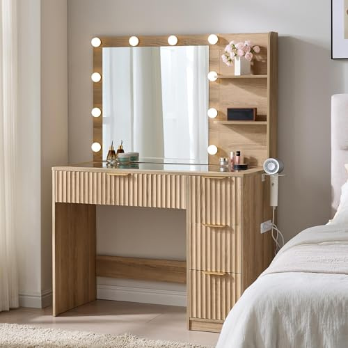 LUXOAK Schminktisch mit Spiegel & 10 LED-Lampen, Großer Frisiertisch mit Glasplatte & Steckdose, 4 Schubladen & Föhnhalterung, Moderner Kosmetiktisch für Schlafzimmer (Eiche, 92 x 40 x 136 cm)