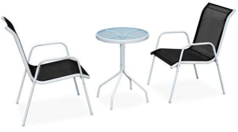 vidaXL 3 Piece Bistro Set - Steel Black - Weather- Outdoor Garden Patio Furniture with Tempered Ripple Glass Top Table and 2 Textilene Chairs
