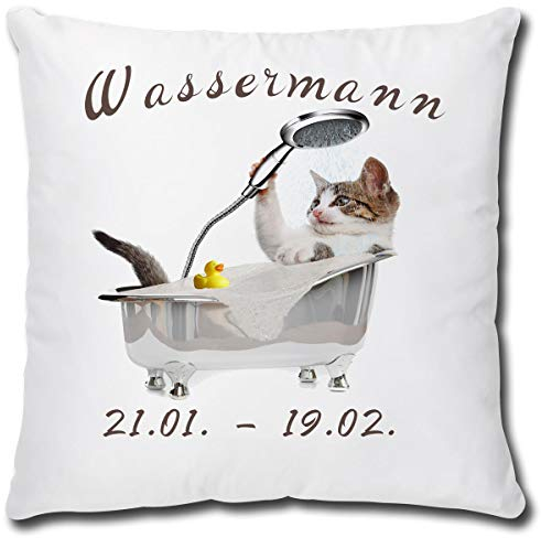TRIOSK Kissen mit Katze Katzenmotiv Sternzeichen Wassermann Spruch lustig Katzen Geschenk für Katzenliebhaber Frauen Freundin Dekokissen 40x40
