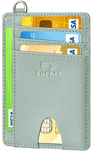 FurArt Portefeuille Minimaliste Fin, Porte-Cartes de Crédit avec Blocage Anti RFID, Les Femmes Hommes, Démontage Manille en D,Vert marin Saffiano