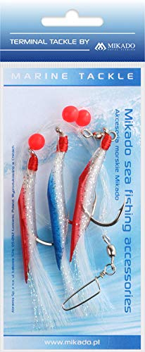 Mikado Hair Tube Rig 6/0 - Weiß-Rot-Blau, Paternoster für Dorsch, Pollack und Seelachs, DREI Haken 6/0, mit rot-weiß u. blau-weißen Schlauch
