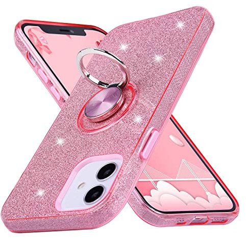 wisdompro Bling Case for iPhone 12/ iPhone 12 Pro, Glitter Sparkle Shiny Case with Ring Holder Kickstand Girls Women Cute Protective Cover Phone Case for iPhone 12/12 Pro (6.1 Inch) - Pink