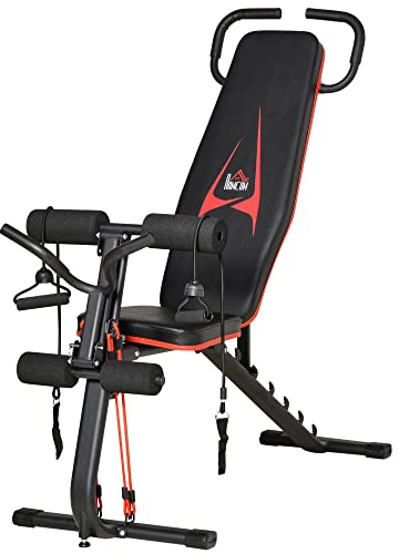 HOMCOM Hantelbank verstellbare Trainingsbank mit elastischer Seils Sit Up-Bank für Heimtraining 6 Stufen Rückenlehne-Gefälle Gewicht bis 150 kg Stahl Kunstleder Schwarz+Rot 145 x 49 x 48-127 cm