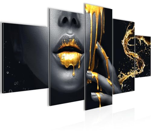 Runa Art Wandbilder Lippen Gold Schwarz 5 Teilig Bild auf Vlies Leinwand Deko Wohnzimmer Schlafzimmer Kosmetik Fashion Frau 041552a