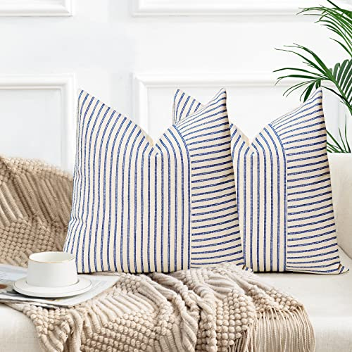 YCOLL 2er Set Kissenbezug 60x60 Baumwolle Leinen Kissenhülle Sofakissen Streifen Dekokissen Boho Deko Kissenhüllen Dekorativ Kissenbezüge für Sofa Wohnzimmer Schlafzimmer Outdoor Kissen 60x60 Blue