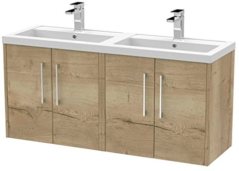 Hudson Reed JNU1823C Juno Modern Bathroom Wall Hung 4-Door Vanity with Polymarble Double Basin, 1200mm, Woodgrain Autumn Oak