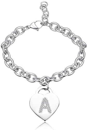 Bracciale con lettera iniziale donna con STRASS in acciaio con lettera NOME - charm cuore e cristalli argento - alfabeto - misura regolabile, nascita, anniversario,idea CONFEZIONE REGALO INCLUSA