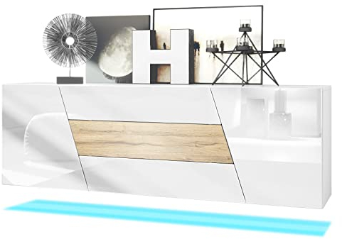 Vladon Sideboard Houston, Made in Germany, hängende Kommode mit 2 Türen & 3 Schubladen, Weiß matt, Weiß Hochglanz, mittlere Schublade Eiche Natur, inkl. LED-Beleuchtung (178 x 57,5 x 38,5 cm)