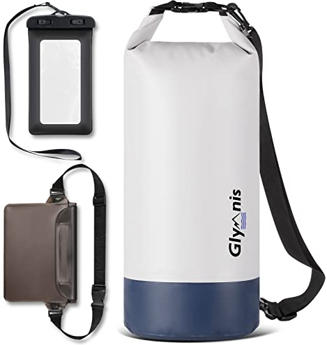 Glymnis Dry Bag wasserdichte Tasche 10L 20L Wasserdichter Packsack mit Bauchtasche und Tragegurt Waterproof für Wassersport Strand Schwimmen Bootfahren Reisen Camping (Weißblau, 5L)