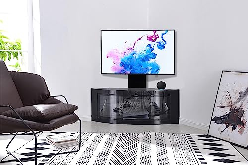 Centurion Supports PANGEA Gloss Black Beam-Thru Curved True-Corner 32”-50” TV Cabinet with Mounting Arm