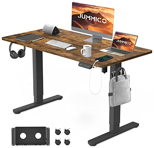 JUMMICO Electric Standing Desk 120x60 cm with Charging Port, Height Adjustable Computer Desk with Cable Tray,Ergonomic Sit Stand up Desk Rising Table Home Office Furniture, Vintage Brown