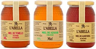 L'Abella Mel - Pack 3 pots de Miel d'Amande, Fleur d'Oranger et Thym -100% Naturel | Miel d'abeille pur - Collecté artisanalement sur la Costa Blanca, Espagne - Sans gluten - 1500g