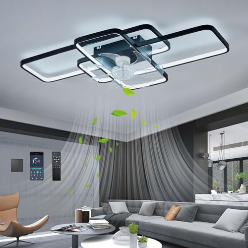80W Groß Ventilator Mit Licht Modern Dimmbar LED Deckenventilator Mit Beleuchtung Und Fernbedienung/APP Reversibel 6 Gang Timer Leise Lampe Mit Ventilator Für Wohnzimmer Schlafzimmer-Black||72cm