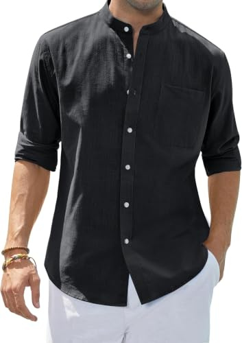 siliteelon Grandad Collar Long Sleeve Black Men's Shirts Cotton Regular Fit Banded Collar Summer Beach Shirts with Pocket,3XL
