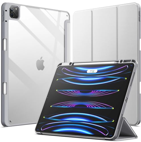 JETech Custodia per iPad Pro 12,9 Pollici (2022/2021/2020/2018) con Portapenne, Posteriore Chiaro Trasparente Supporto Sottile per Tablet Cover Antiurto (Argento)