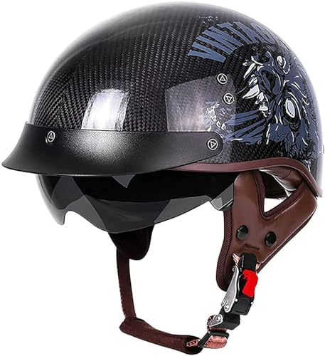 Halber Motorradhelm aus Kohlefaser, ECE-zugelassener Motorrad-Rollerhelm für Erwachsene für Männer und Frauen, Vintage-Stil im Deutschen Stil, kostenlose Gesichtsmasken und Handschuhe B,XXL