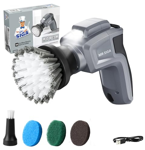 MR.SIGA Limpiador giratorio eléctrico, limpiador giratorio inalámbrico con 5 cepillos y almohadillas de limpieza reemplazables, potente e impermeable, limpiador giratorio recargable para baño, cocina,