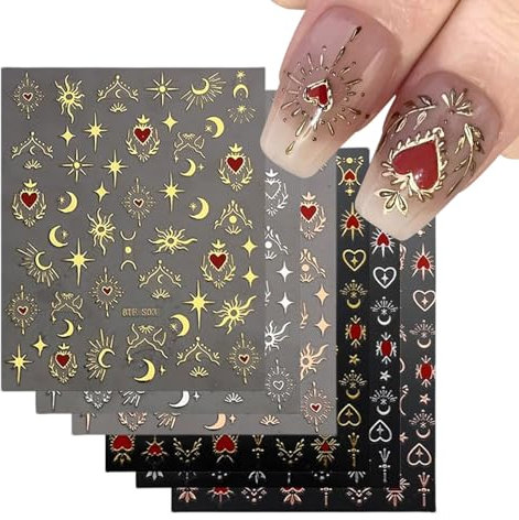 Sun Moon Star Art Stickers, 12 Sheets 3D Love Heart Self-Adhesive Decals for DIY Nail Decorations (Gold+Silver)