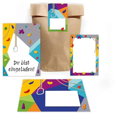 12 Einladungskarten zum Kindergeburtstag Klettern Bouldern Mädchen Jungen Einladung Jungsgeburtstag Mädchengeburtstag incl. 12 Umschläge, 12 Partytüten/natur, 12 Aufkleber, 12 Mini-Notizblöcke