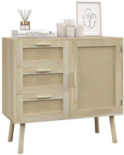 HOMCOM Meuble de Rangement Buffet Style bohème 3 tiroirs et 1 Porte façades rotin - dim. 80L x 36l x 75H cm
