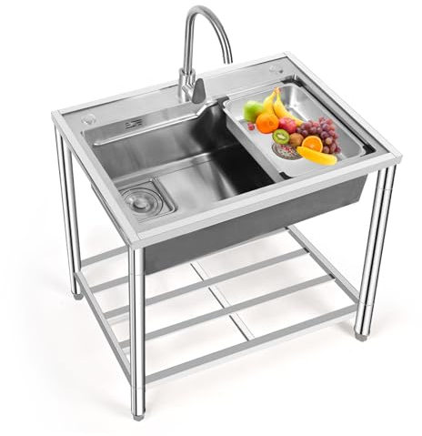 Fregadero para Uso Exterior, Fregadero Comercial de Un Solo Tazón, Fregadero Independiente de Acero Inoxidable para Catering, Grifo Incluido, para Cocina, Baño, Restaurante, Granja, Lavandería