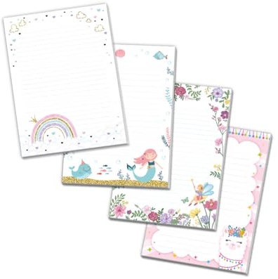 Blöcke Schreibblock mit Kindermotiv Notizblöcke mit Linien für Mädchen Briefbögenblock liniert (4 Blöcke: Regenbogen, Meerjungfrau, Lama, Feen mit je 25 Blätter in A5-Format)