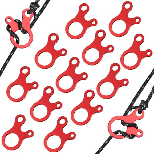 HOTUT Guyline Cord Adjuster, 12 Pcs Aluminum Rope Tensioner Cord Adjuster Wind Rope Buckle, Guy Rope Tensioners for Outdoor Activity, Tent Rope Adjuster for Hiking Camping Tent Accessory, Red