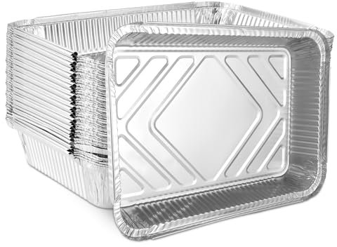 LOPYXBR 50 bandejas de aluminio para barbacoa, 2250 ml, bandejas de aluminio grandes, 31,5 x 21,5 x 5 cm, bandejas desechables de aluminio para cocinar, asar, almacenar alimentos